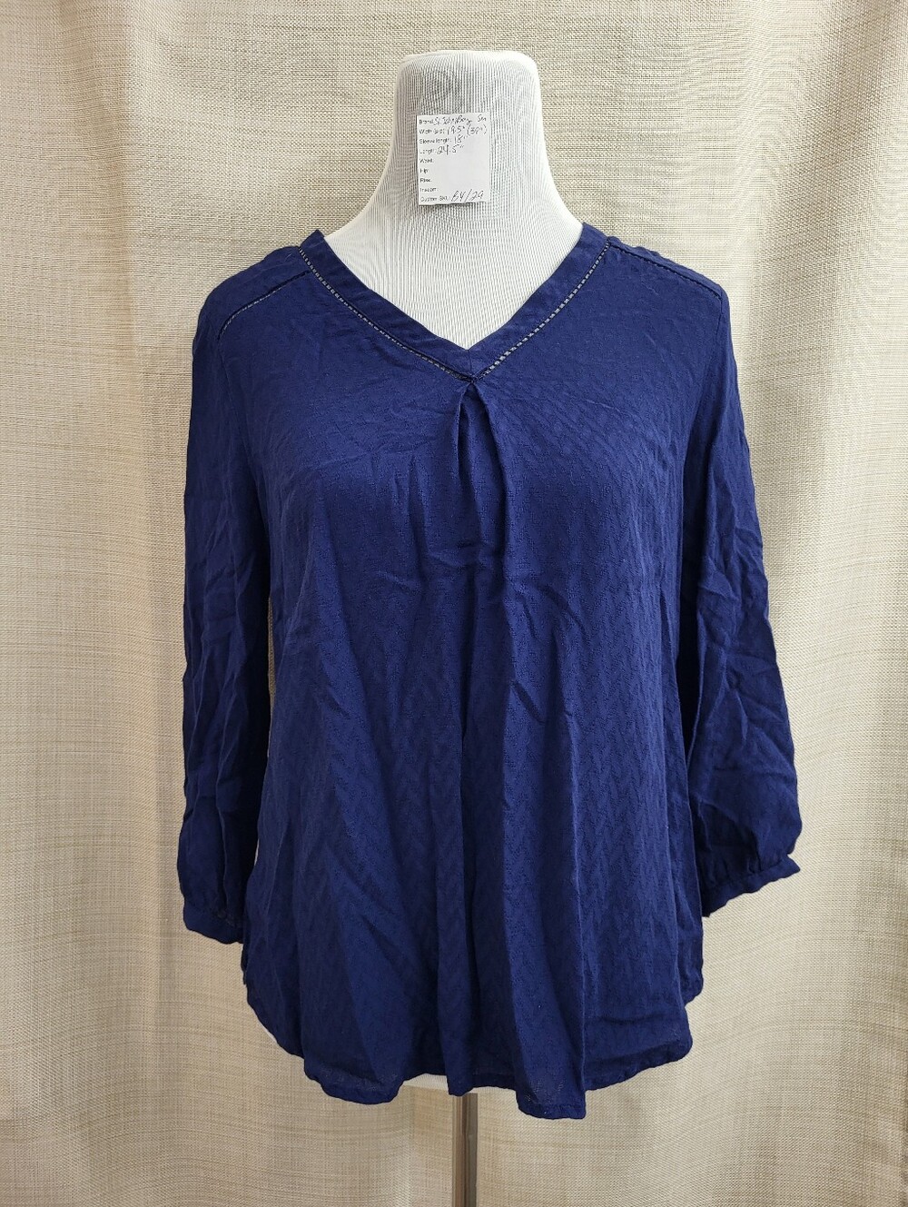 ST. JOHNS BAY Navy Blue Boho Peasant Blouse V-Neck 3/4 Sleeve Hi-Lo Size Small